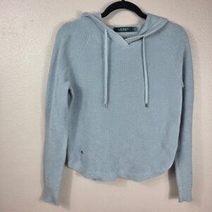 Lauren Ralph Lauren Hooded Waffle Knit Sweater Women's Small Petite Blue Cotton